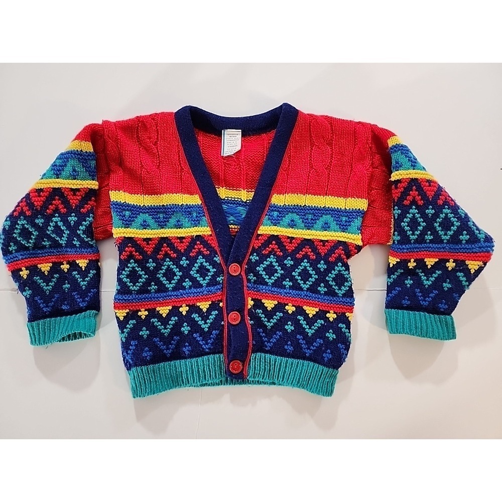 Vtg 80s 90s Baby Togs Toddler 3T Knit Cardigan Sweater Geometric Aztec Colorful
